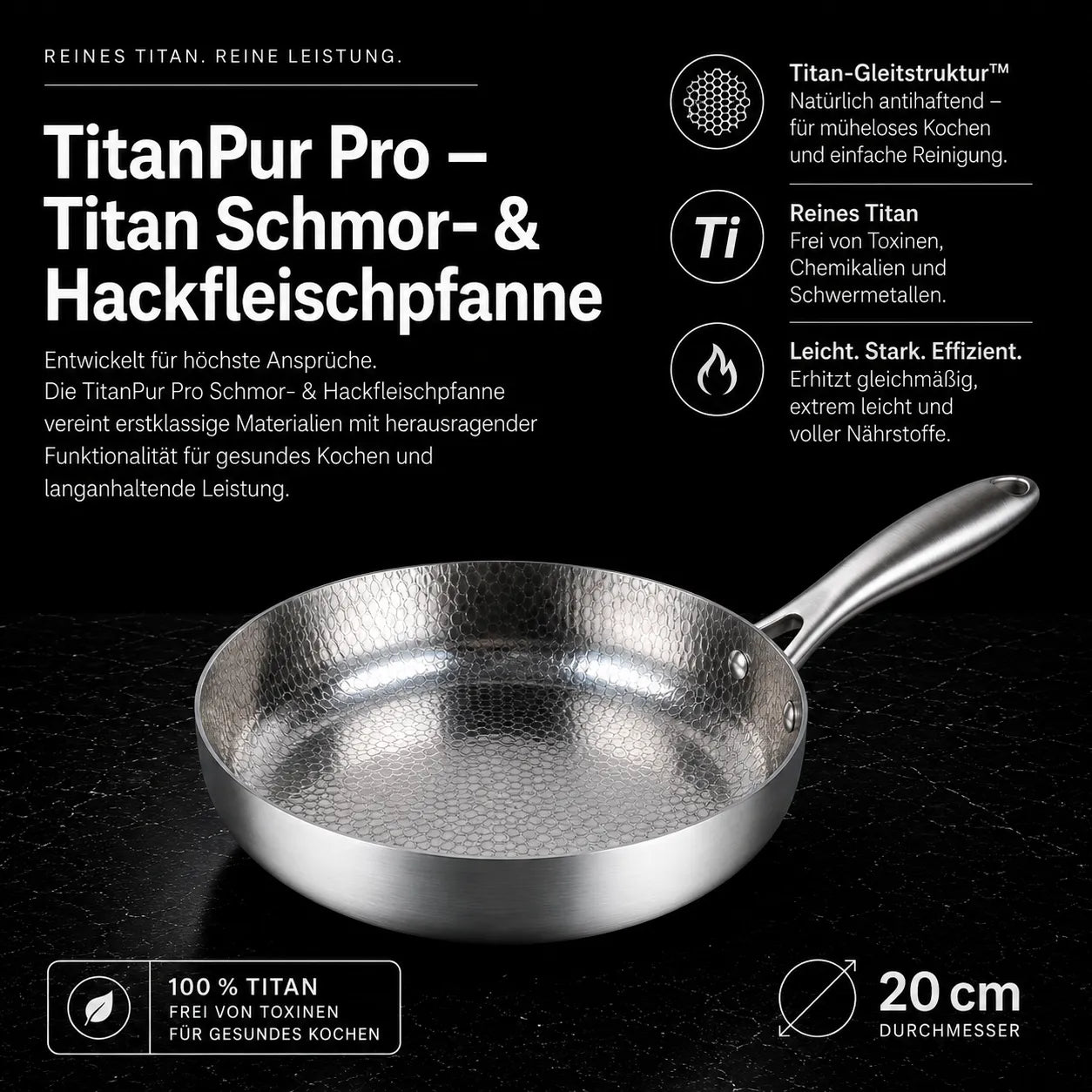 TitanPur Pro Premium Titan Schmor- & Hackfleischpfanne mit hohem Rand für vielseitiges Braten und Schmoren