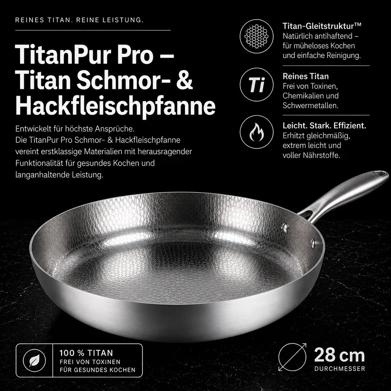 TitanPur Pro Premium Titan Schmor- & Hackfleischpfanne mit hohem Rand für vielseitiges Braten und Schmoren