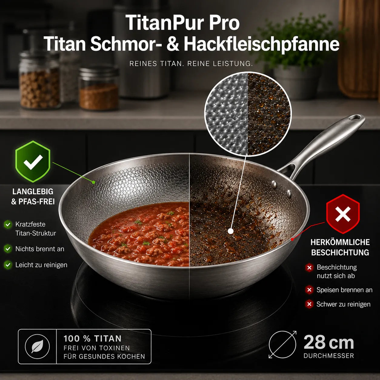 TitanPur Pro Premium Titan Schmor- & Hackfleischpfanne mit hohem Rand für vielseitiges Braten und Schmoren