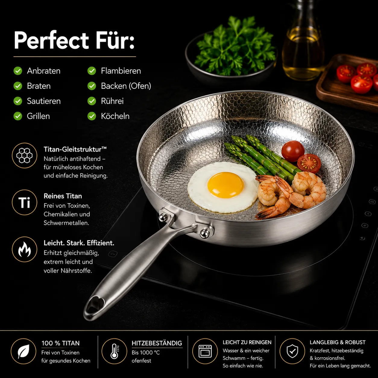 TitanPur Pro Premium Titan Schmor- & Hackfleischpfanne mit hohem Rand für vielseitiges Braten und Schmoren