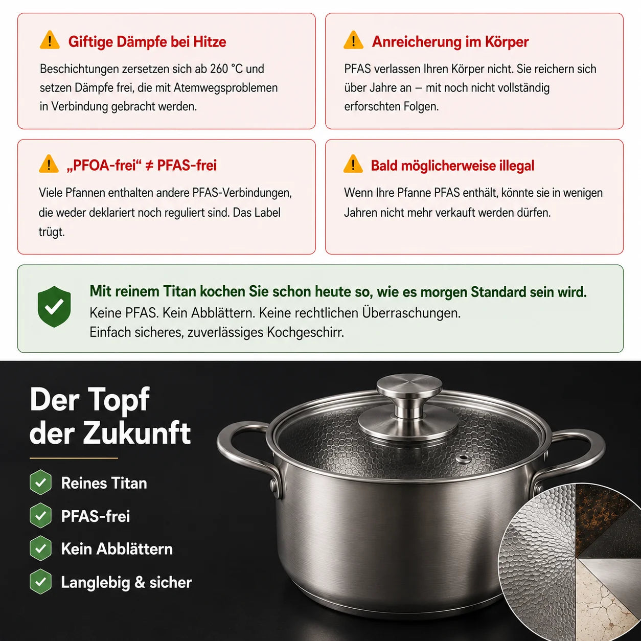 TitanPur Pro – Beschichtungsfreier Titan-Topf ohne PFAS & PTFE | 24 cm