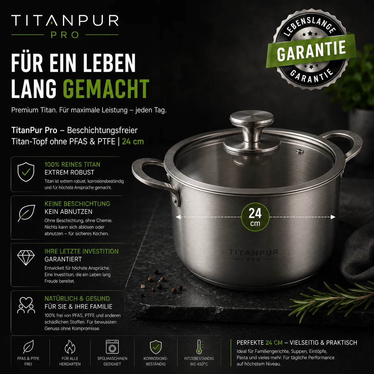TitanPur Pro – Beschichtungsfreier Titan-Topf ohne PFAS & PTFE | 24 cm