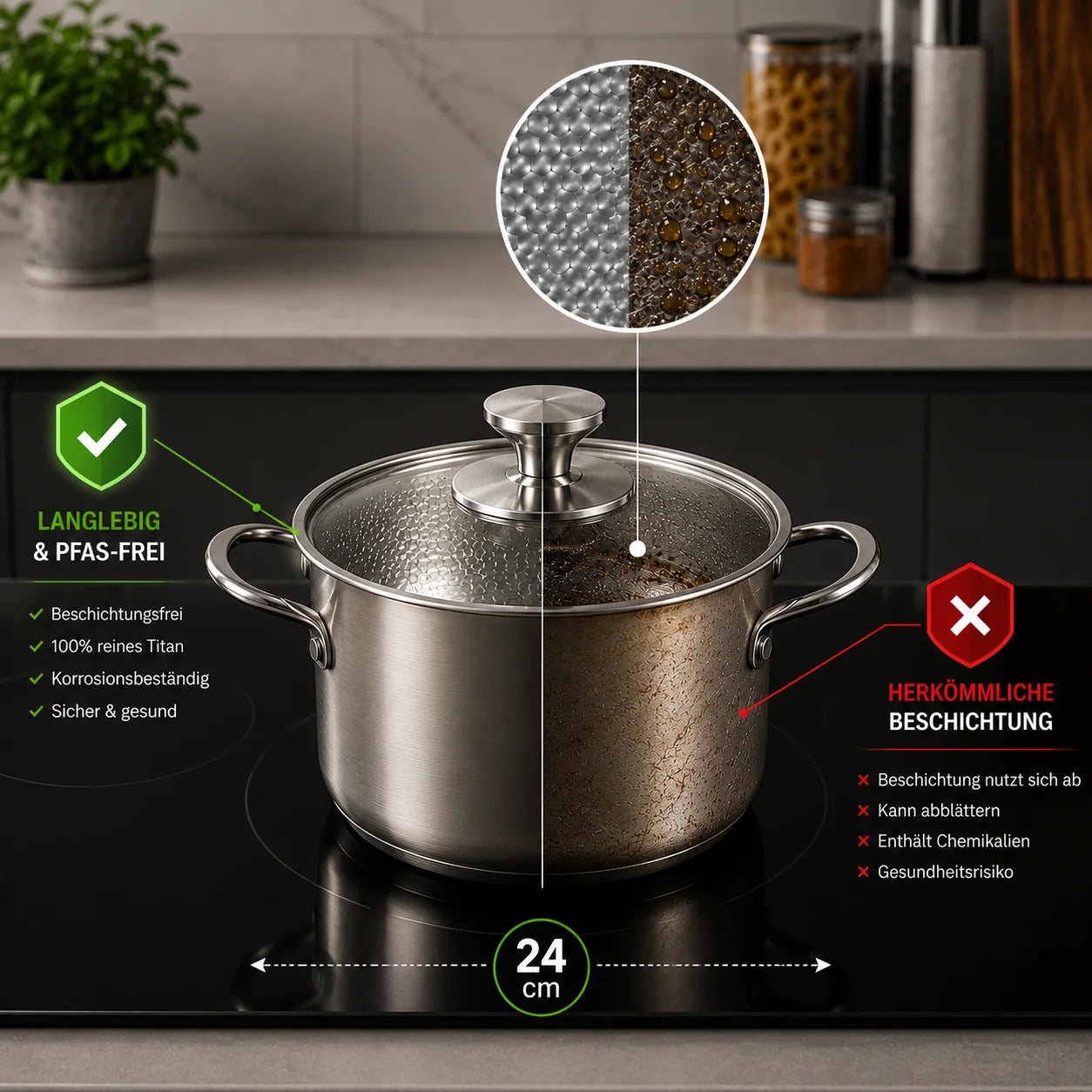 TitanPur Pro – Beschichtungsfreier Titan-Topf ohne PFAS & PTFE | 24 cm