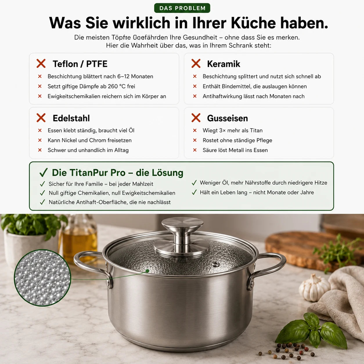 TitanPur Pro – Beschichtungsfreier Titan-Topf ohne PFAS & PTFE | 24 cm