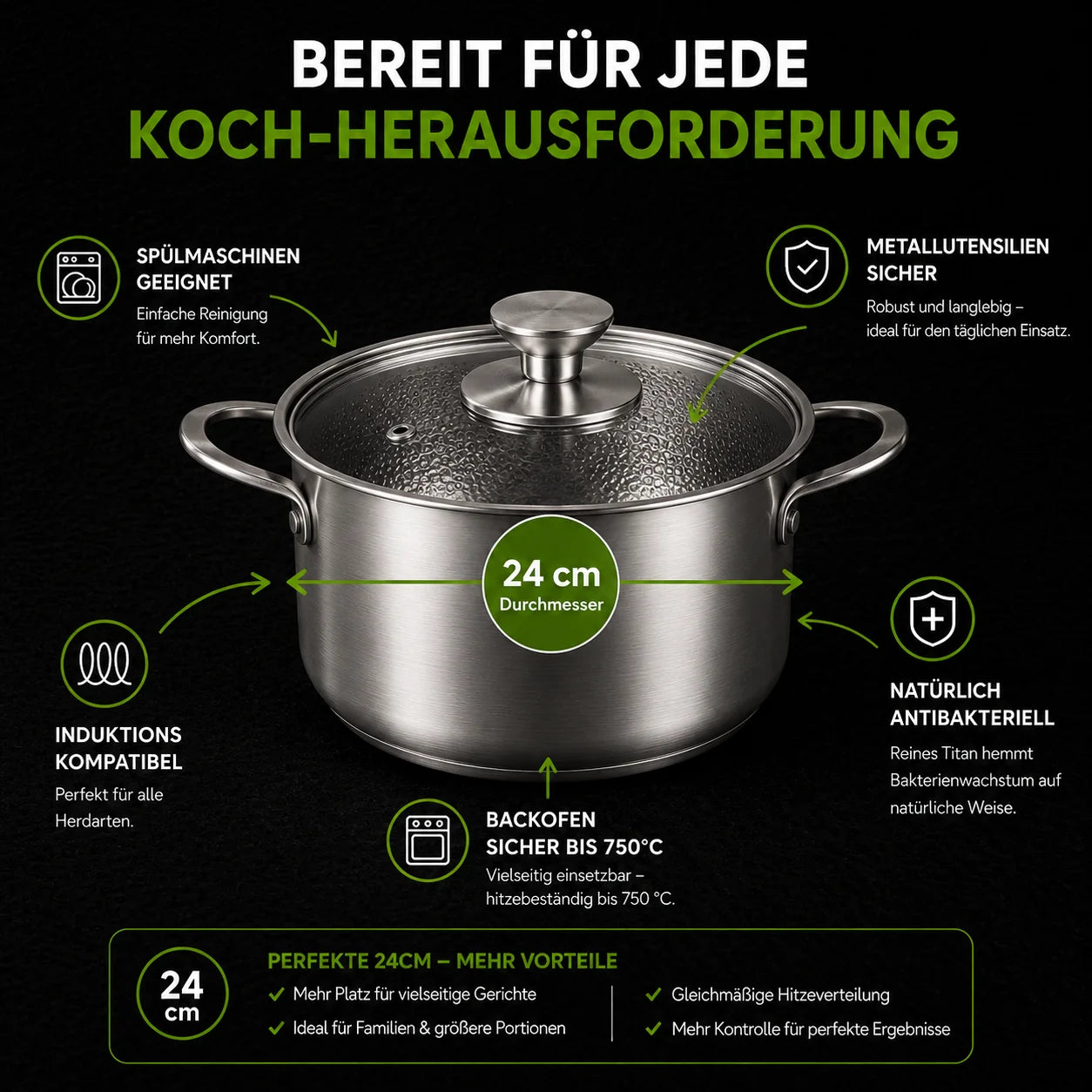 TitanPur Pro – Beschichtungsfreier Titan-Topf ohne PFAS & PTFE | 24 cm