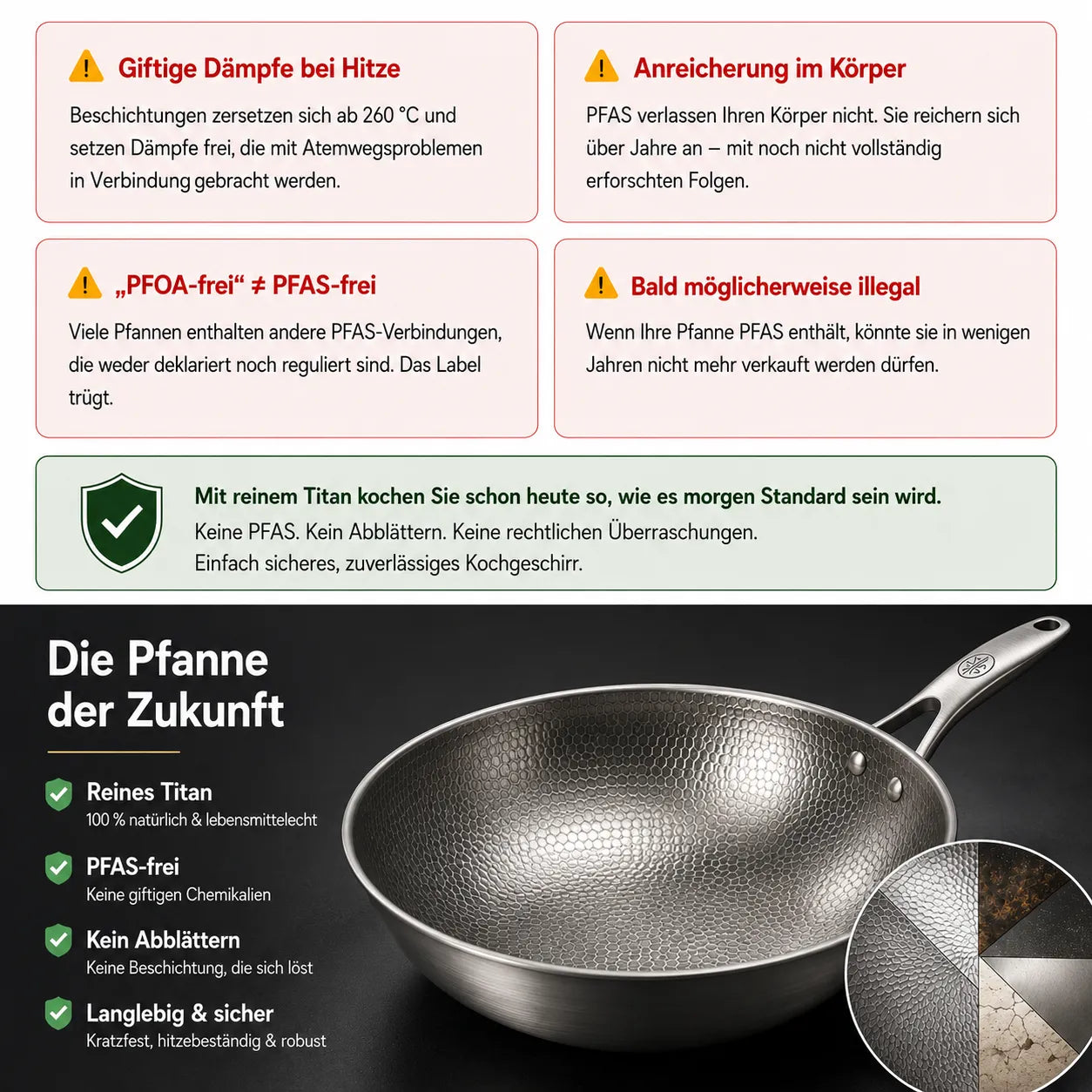 TitanPure Pro – Beschichtungsfreie Wok-Pfanne ohne PFAS & PTFE